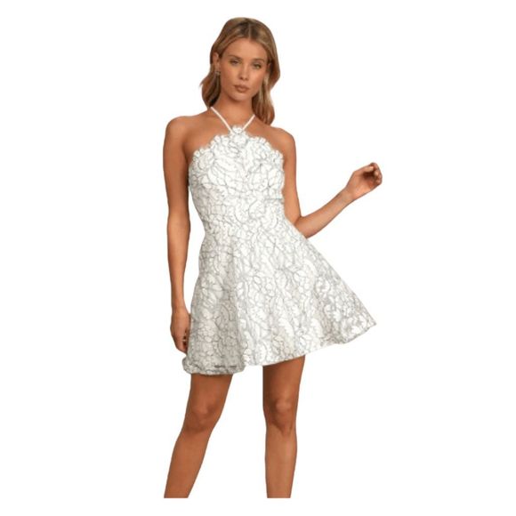 Lulu's Dress White Black Truly Wonderful Lace Halter Mini Floral Sz S - Picture 1 of 4